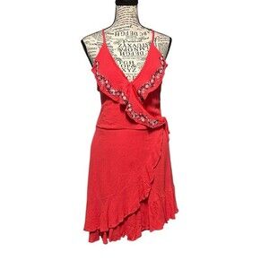 Miami Red Hot Racerback Embroidery Ruffle Faux Wrap Fit And Flare Halter Dress L